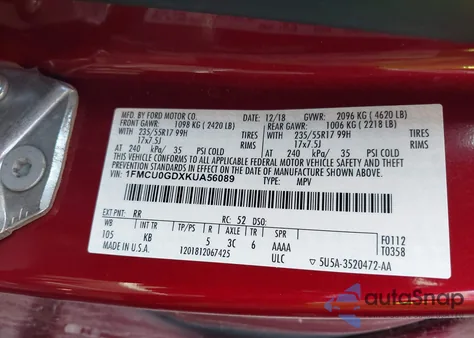 2019 Ford Escape Se из США, поврежденный, VIN 1FMCU0GDXKUA56089